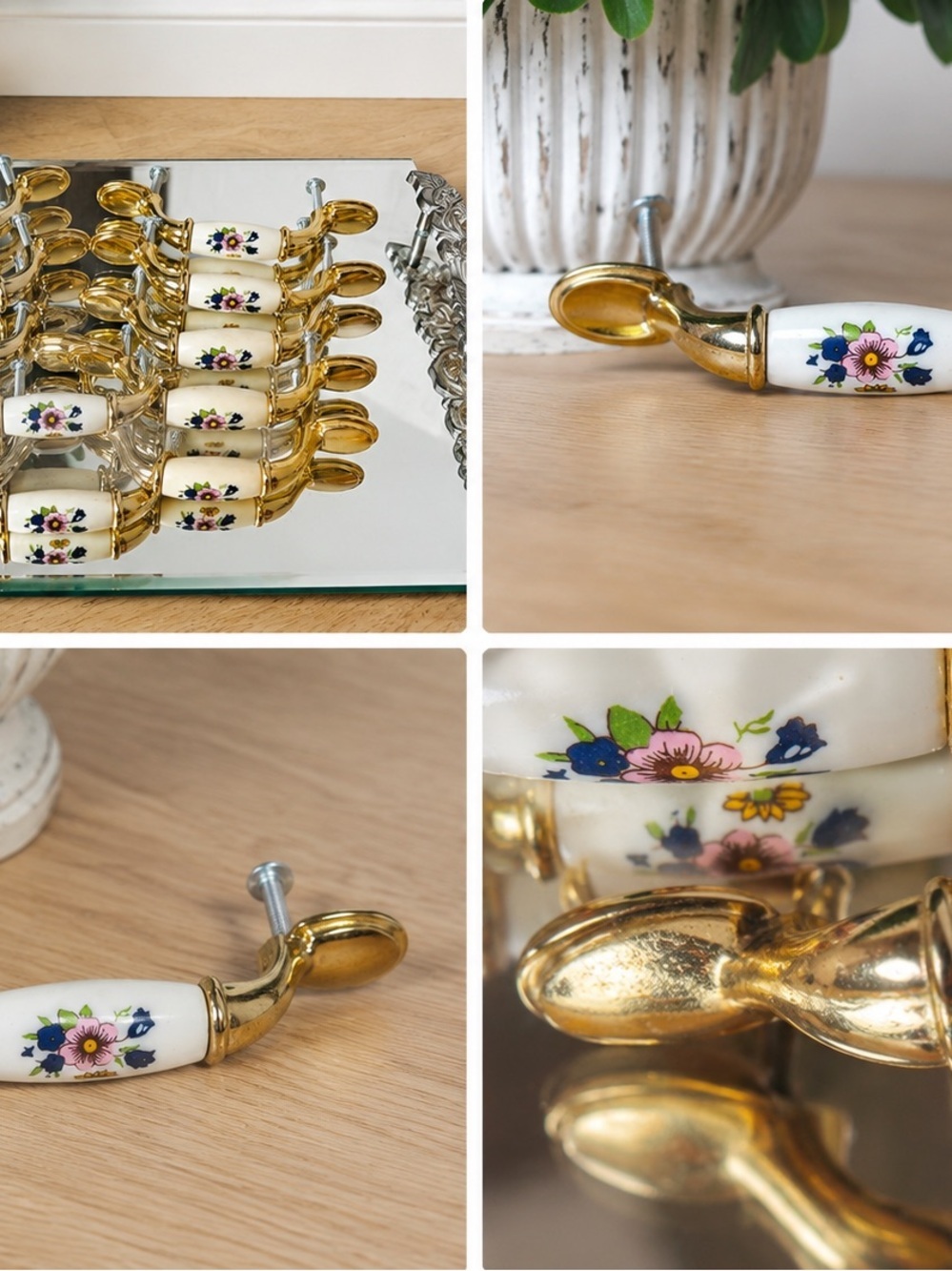 Set of 8 Vintage Floral Ceramic & Brass Cabinet Drawer Pull